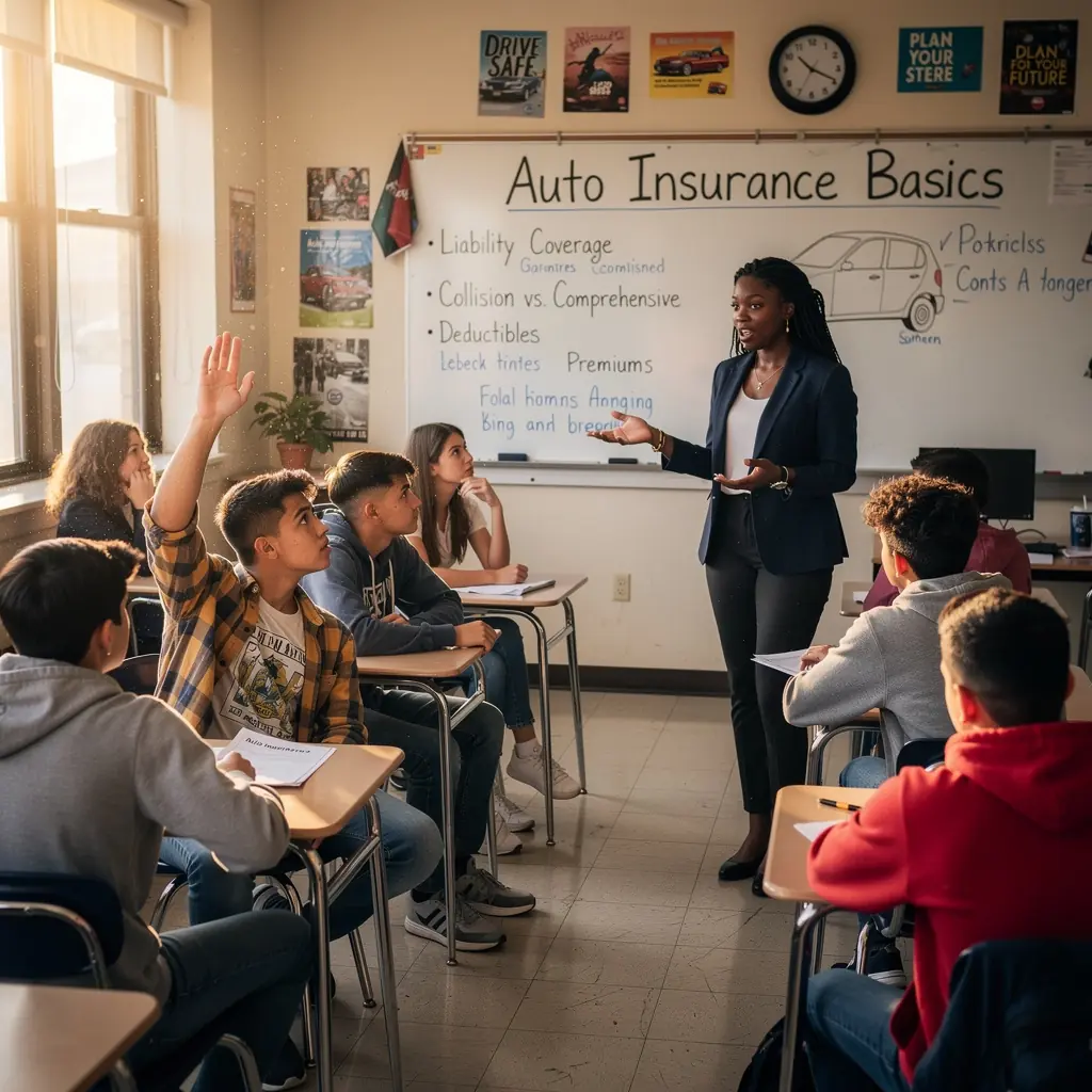 Kierowca rozmawiający z doradcą ubezpieczeniowym w biurze.