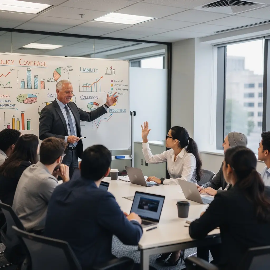 Scena przedstawiająca młodego kierowcę w samochodzie z ubezpieczeniem w ręku.