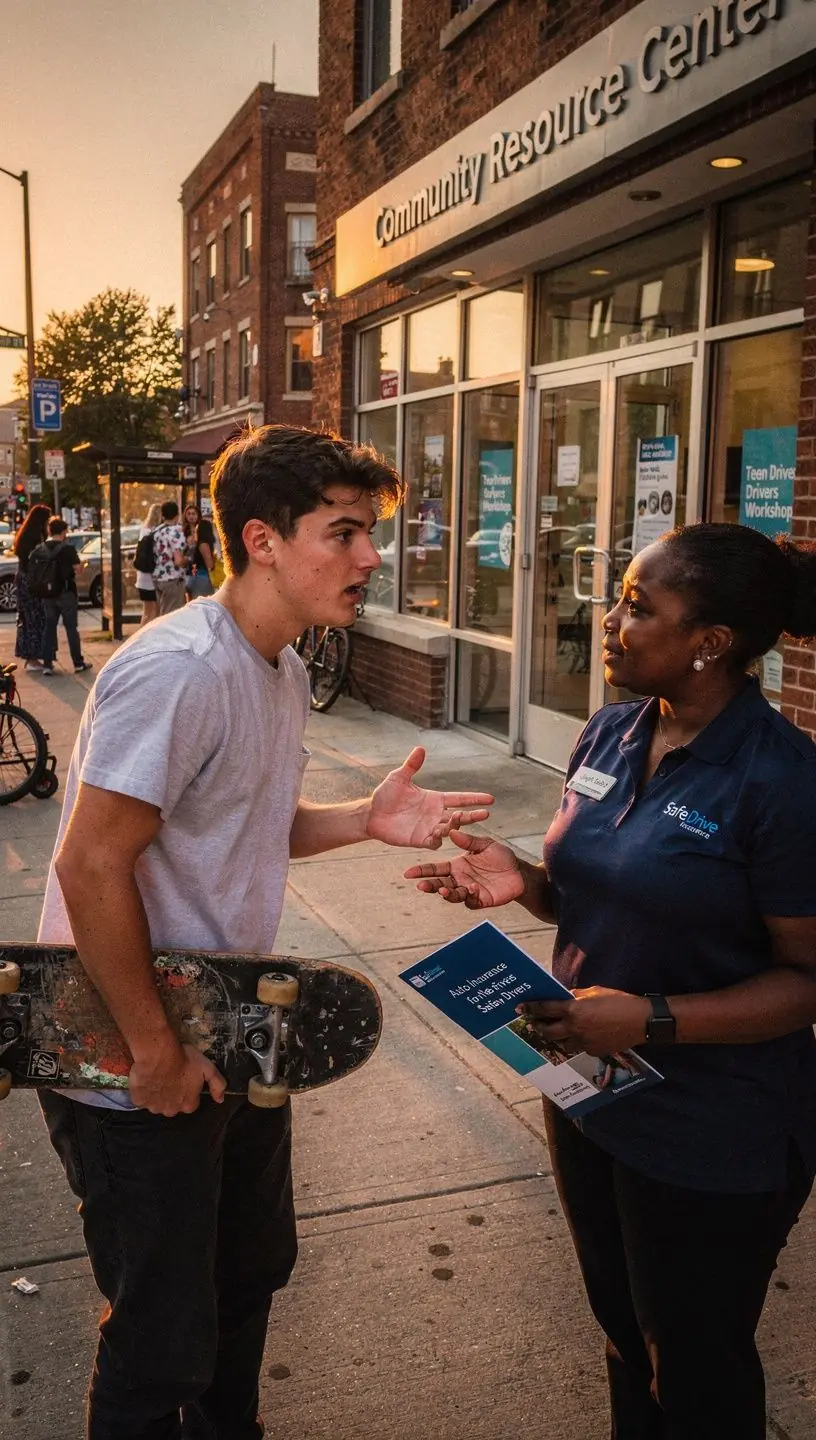 Młody kierowca analizujący różne opcje ubezpieczenia samochodu.